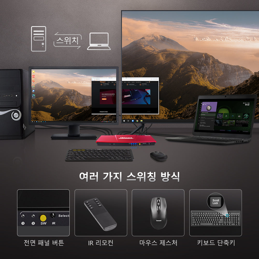 TESmart 2포트 2:2 듀얼 모니터 HDMI+VGA KVM 스위치 – 4K60Hz, USB 허브 포함 | TESmart Korea